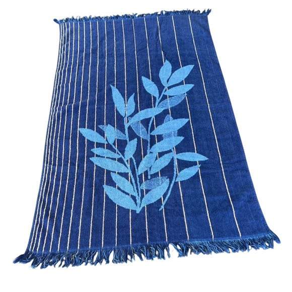 VTG Cannon Monticello Striped Leaf 2-Piece Bath Towel Set Blue MCM Retro USA GUC - Picture 2 of 10